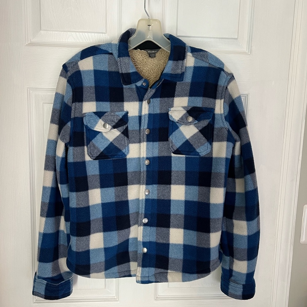 Eddie Bauer Kids Fleece Lined Boys Blue Plaid Flannel Jacket, Size 14/16